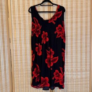 Aloha Hut Hawaii Smocked‎ Hibiscus Floral Midi Dress Black Red Rayon One Size